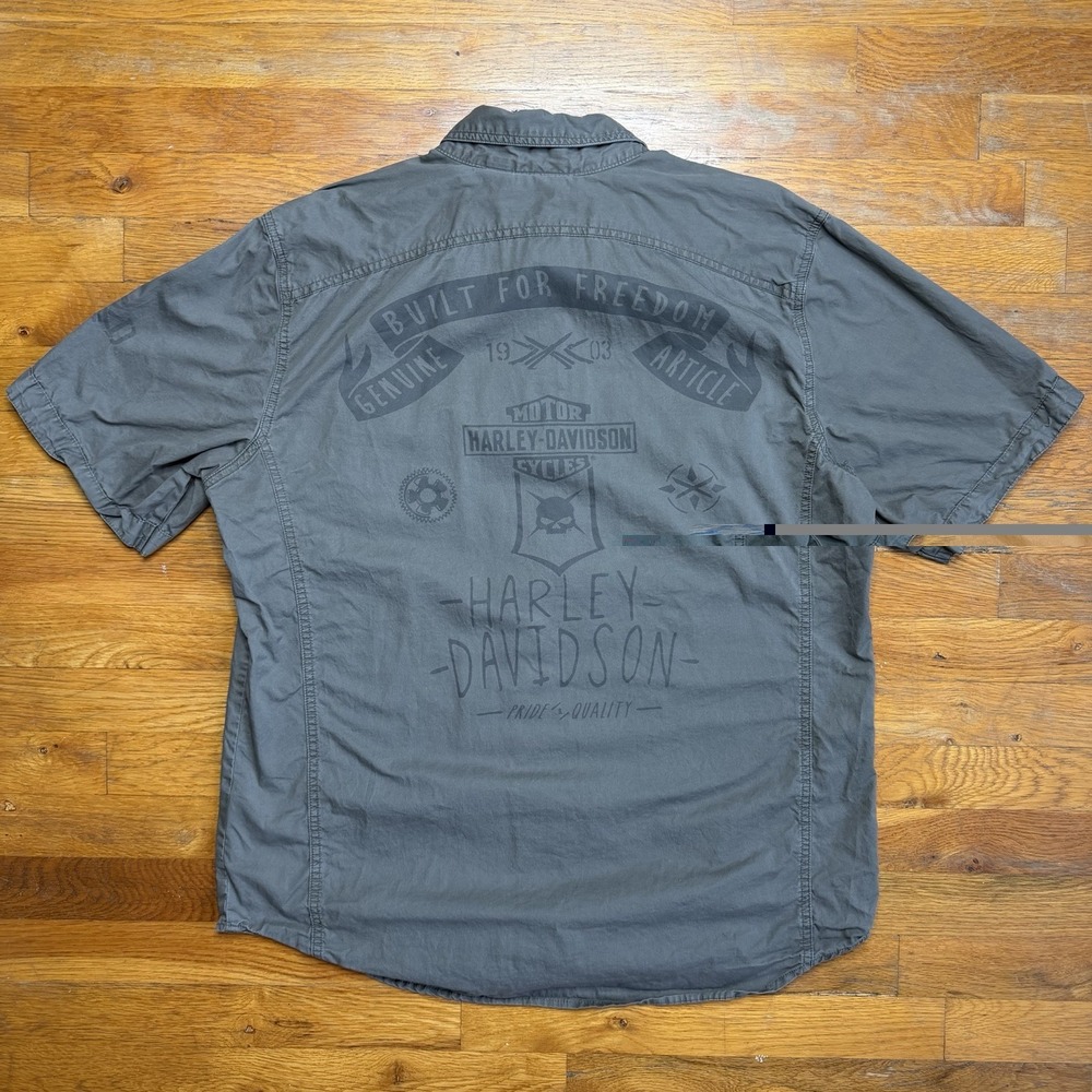 Harley-Davidson Built For Freedom Short Sleeve Woven Shirt Sz Large Khaki Green